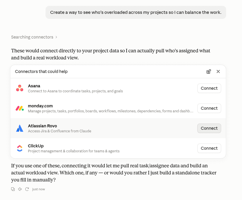 Claude presenting monday.com alongside Asana, Atlassian Rovo and ClickUp for a request to see who is overloaded across projects