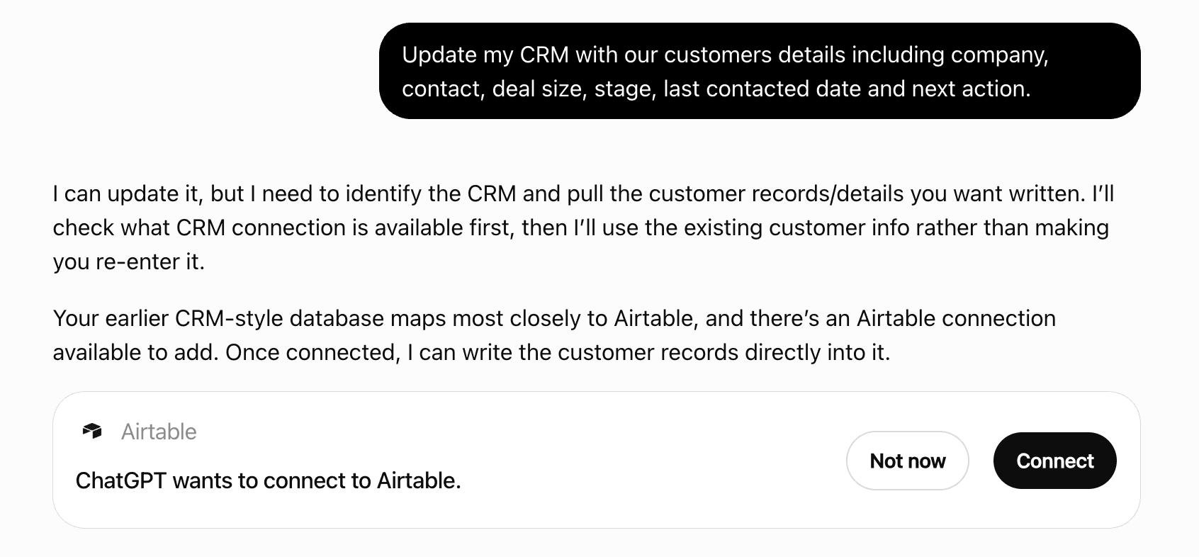 ChatGPT recommends Airtable when a user asks it to update a CRM.