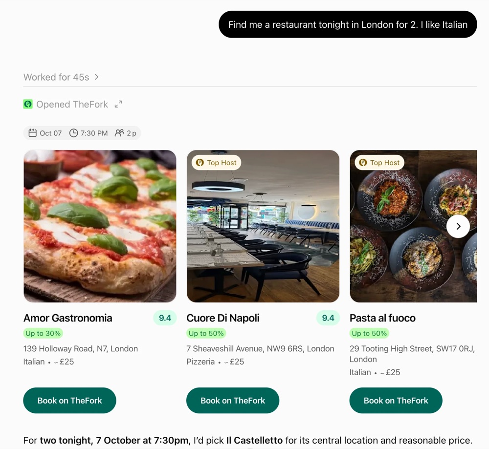 An agent replying to the same restaurant request by opening TheFork, showing restaurants with availability for two tonight and Book buttons