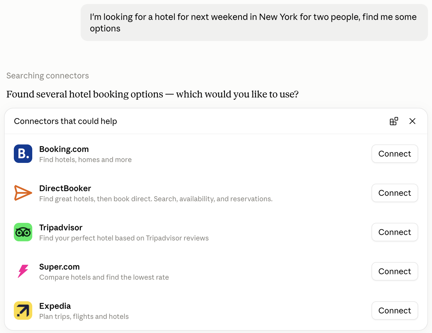 Claude showing Booking.com, DirectBooker, Tripadvisor, Super.com and Expedia connectors for a hotel prompt
