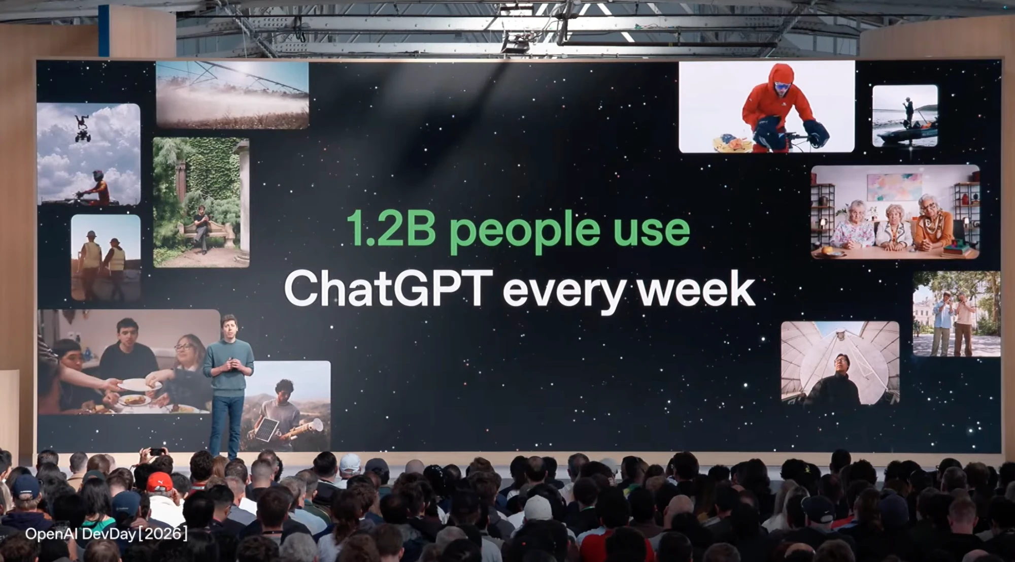 OpenAI DevDay 2026 keynote slide: 1.2B people use ChatGPT every week