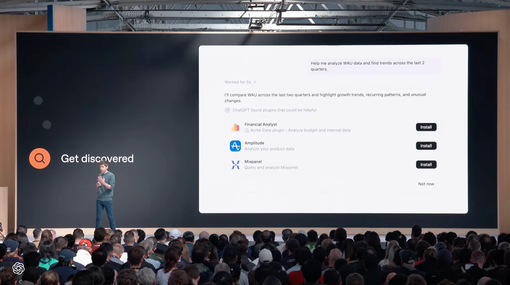 OpenAI DevDay 2026 keynote slide titled Get discovered: ChatGPT suggests Financial Analyst, Amplitude and Mixpanel Plugins for a Prompt about analysing WAU data
