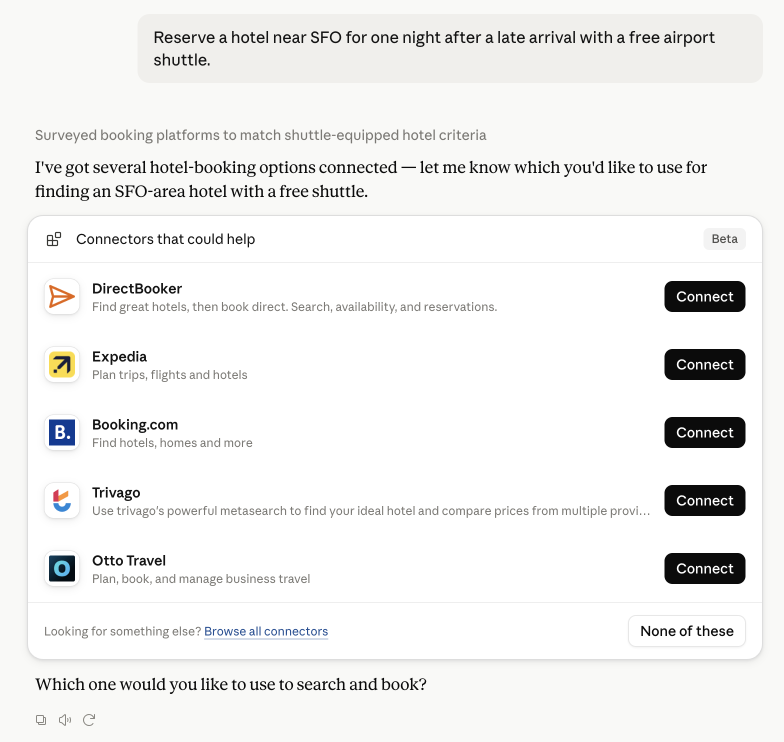 Claude showing a Connector picker with several hotel-booking options inside a conversation